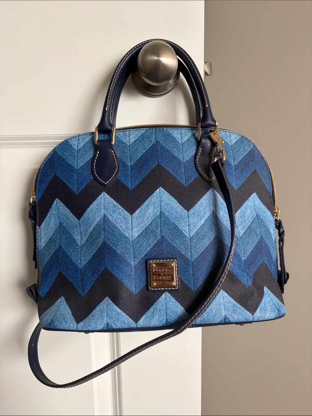 Dooney & Bourke Blue Chevron Dome Satchel with Crossbody Strap